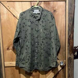 Olive Bird Pattern Casual Button Down Shirt